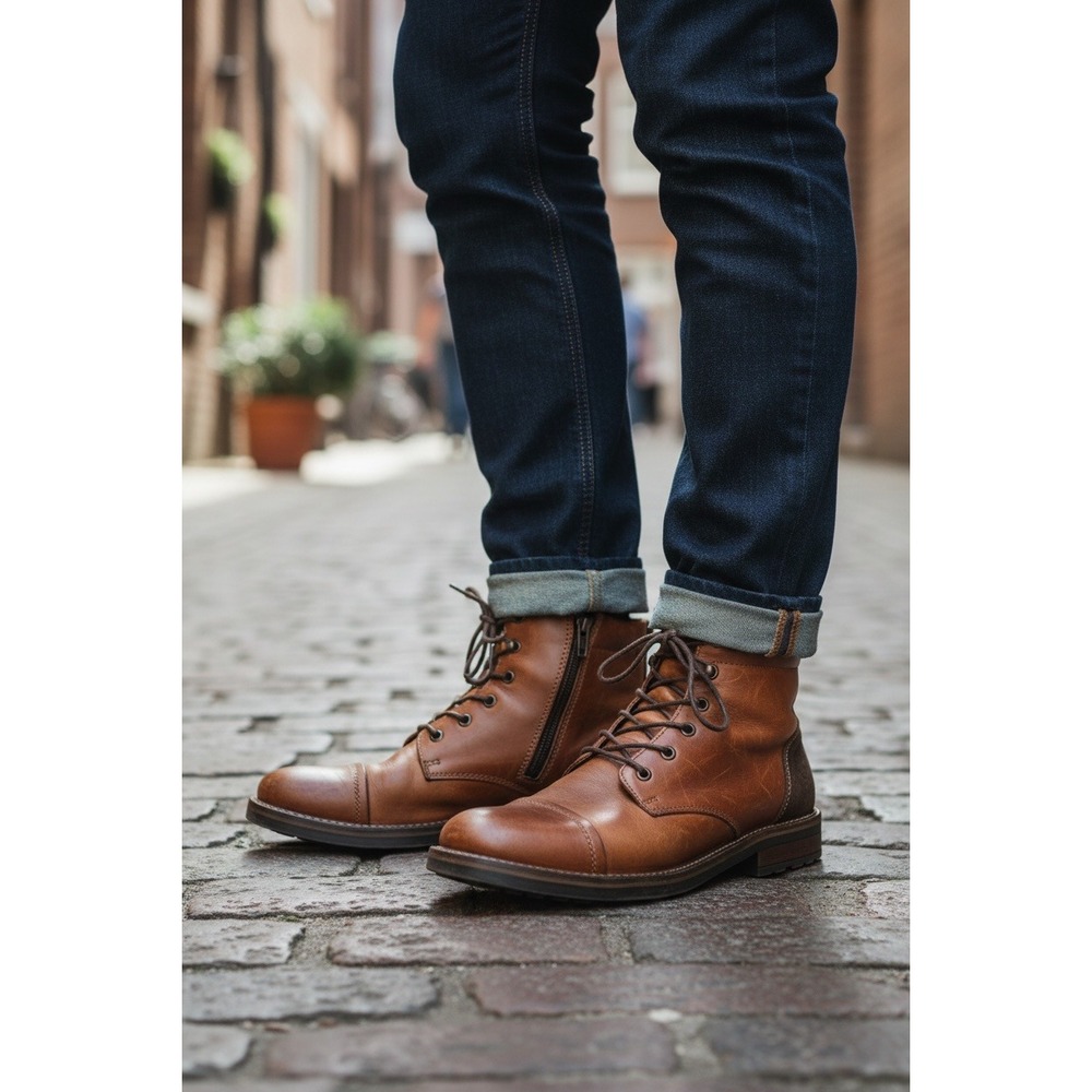 Rieker Tex Mens Brown‎ Leather Lace Up Side Zip Cap Toe Ankle Boots Tan